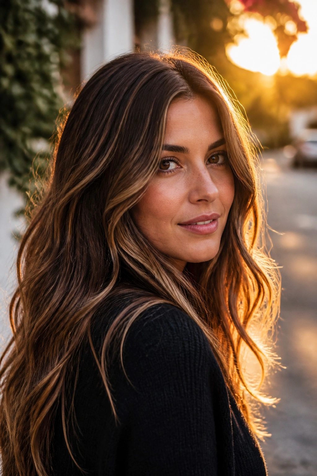 Portrait of tawny brunette with ribbon highlights in golden hour light