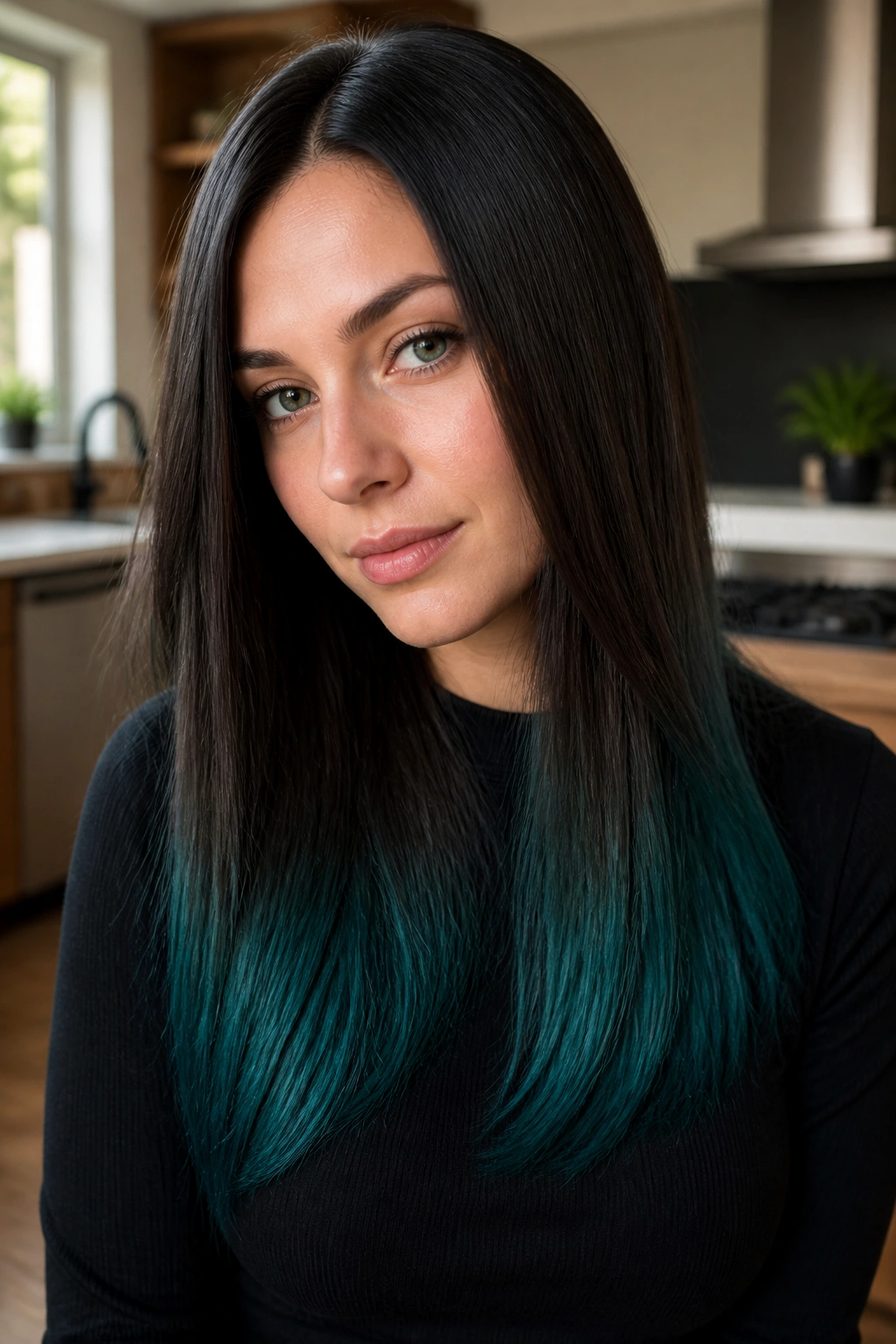 Close-up portrait of a real woman with teal glass ends on straight hair.
