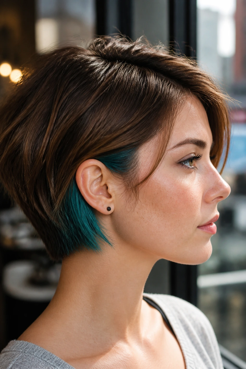 Close-up of teal peekaboo panels peeking from short hair behind the ear