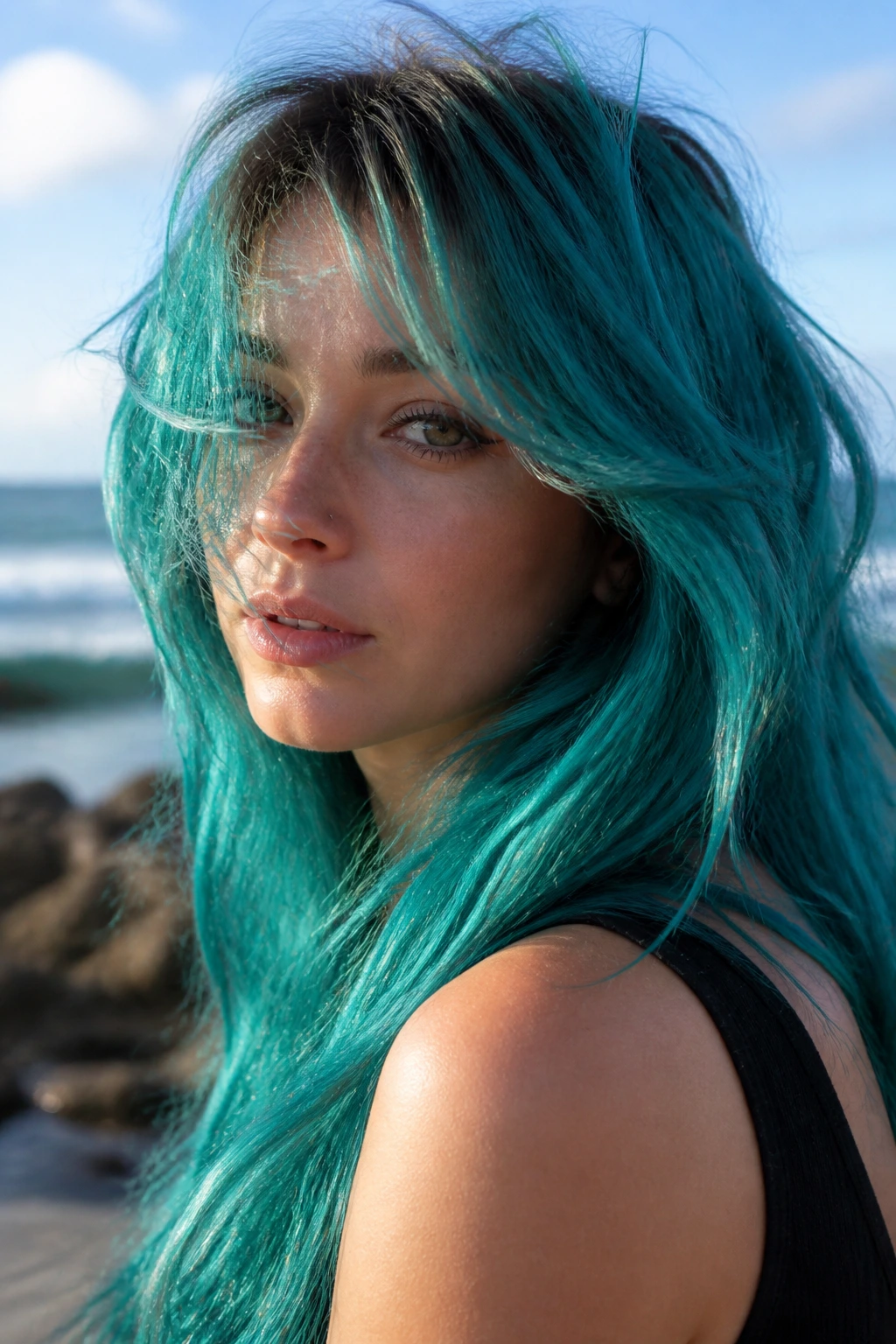 Real person with teal lagoon hair in a close-up portrait by the sea