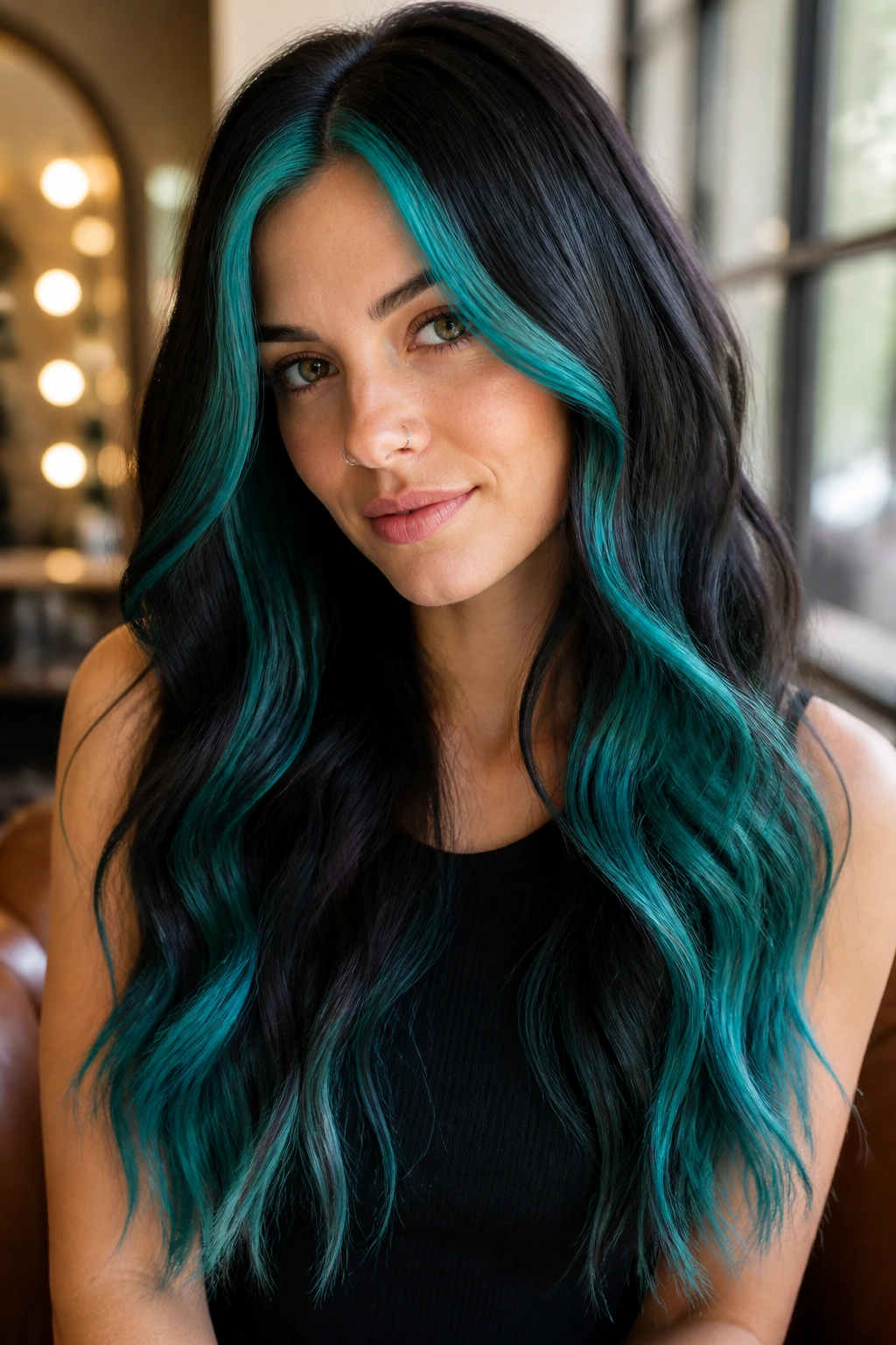 Close-up of a real woman with teal money piece and teal ends on long hair