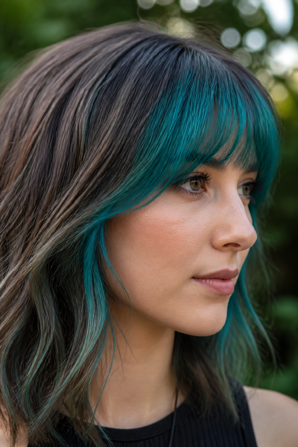 Close-up of a real woman showing teal peekaboo fringe beneath a neutral top layer outdoors