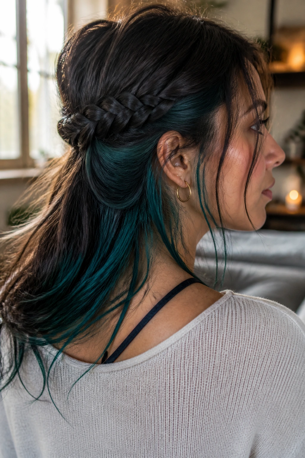 Close-up of brunette showing teal underlights beneath the top layer