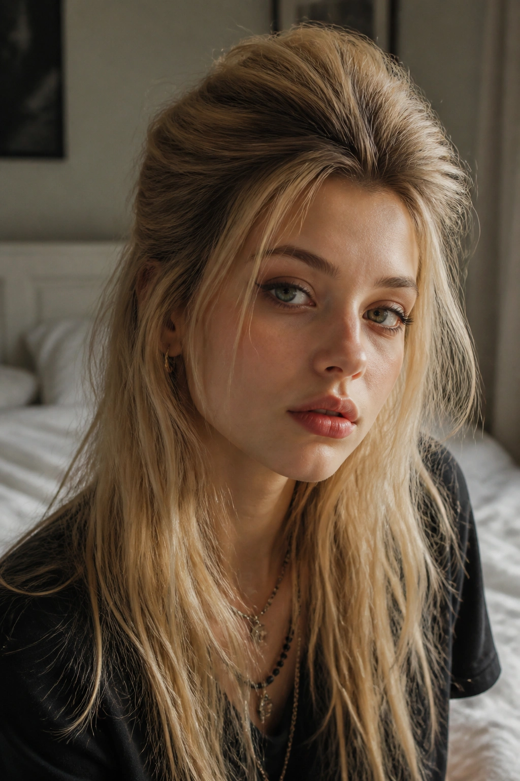 Portrait of a real person with a teased crown and loose lower hair in a soft setting