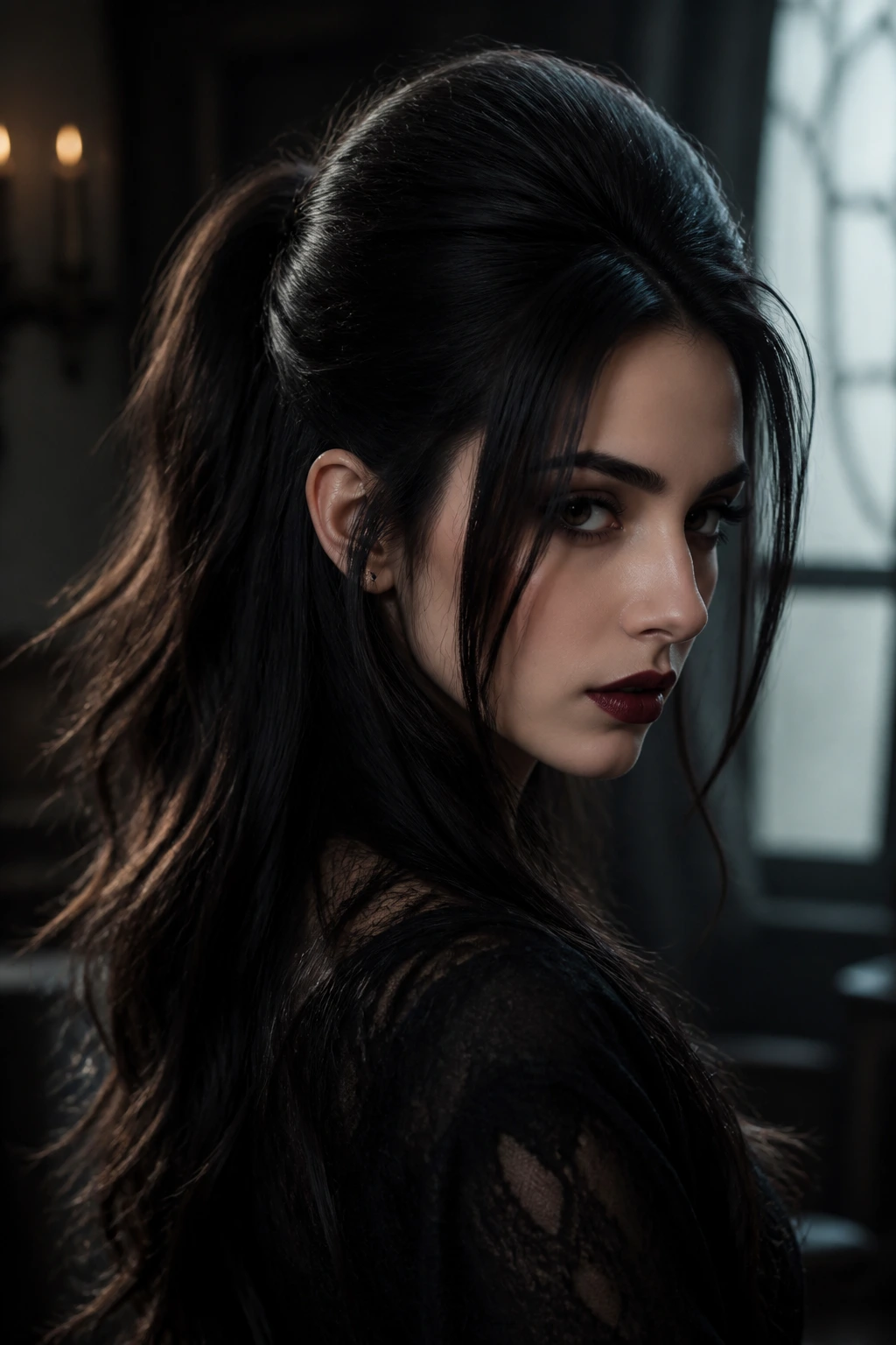 Close-up of a real woman with teased half ponytail hairstyle