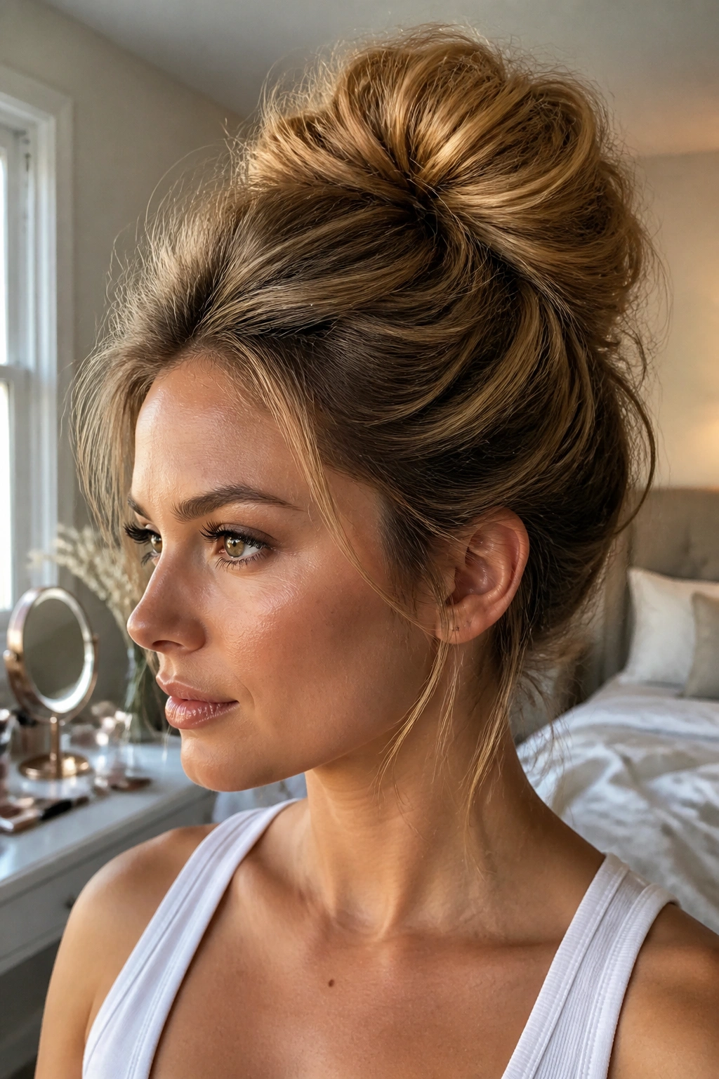 Close-up of a woman with a teased high bun