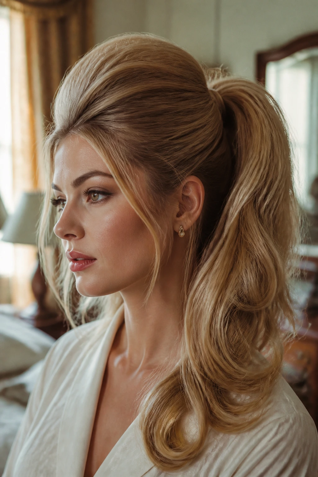 Close-up of a woman with a teased crown and high ponytail in warm window light.