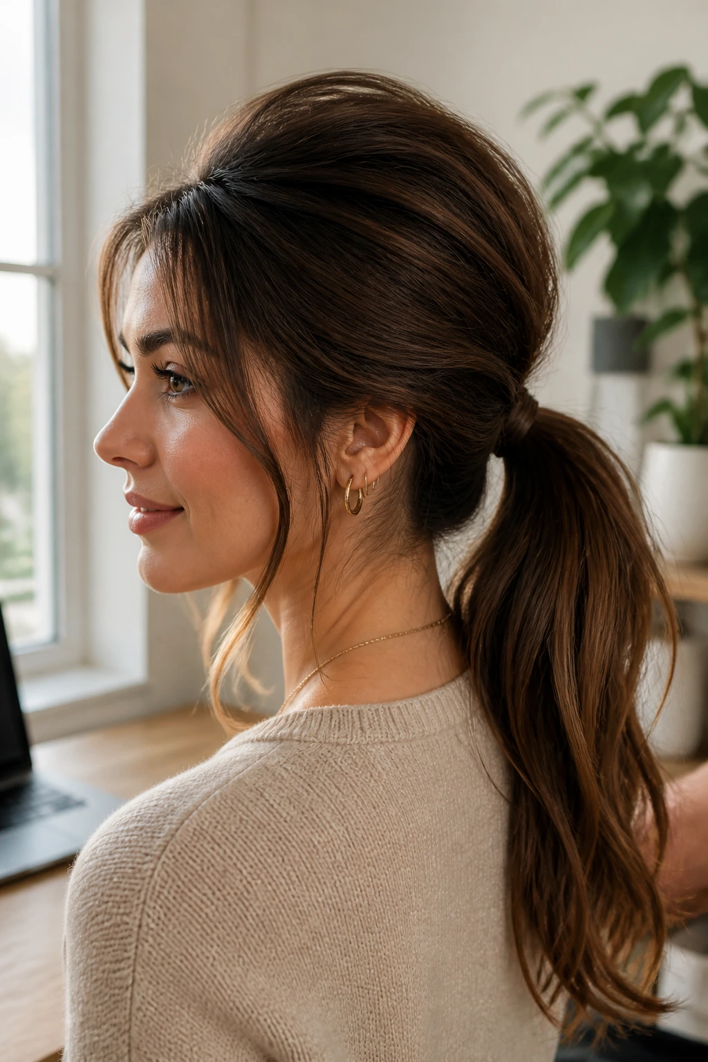 Portrait of a real woman with teased crown and low ponytail.