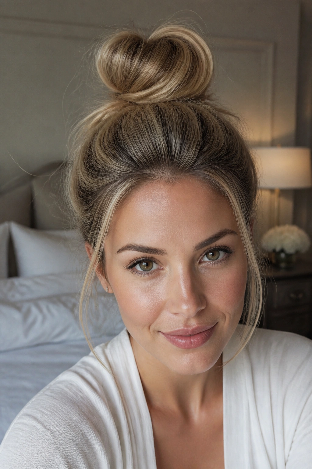 Close-up portrait of a real woman with Teased Top Knot hairstyle.