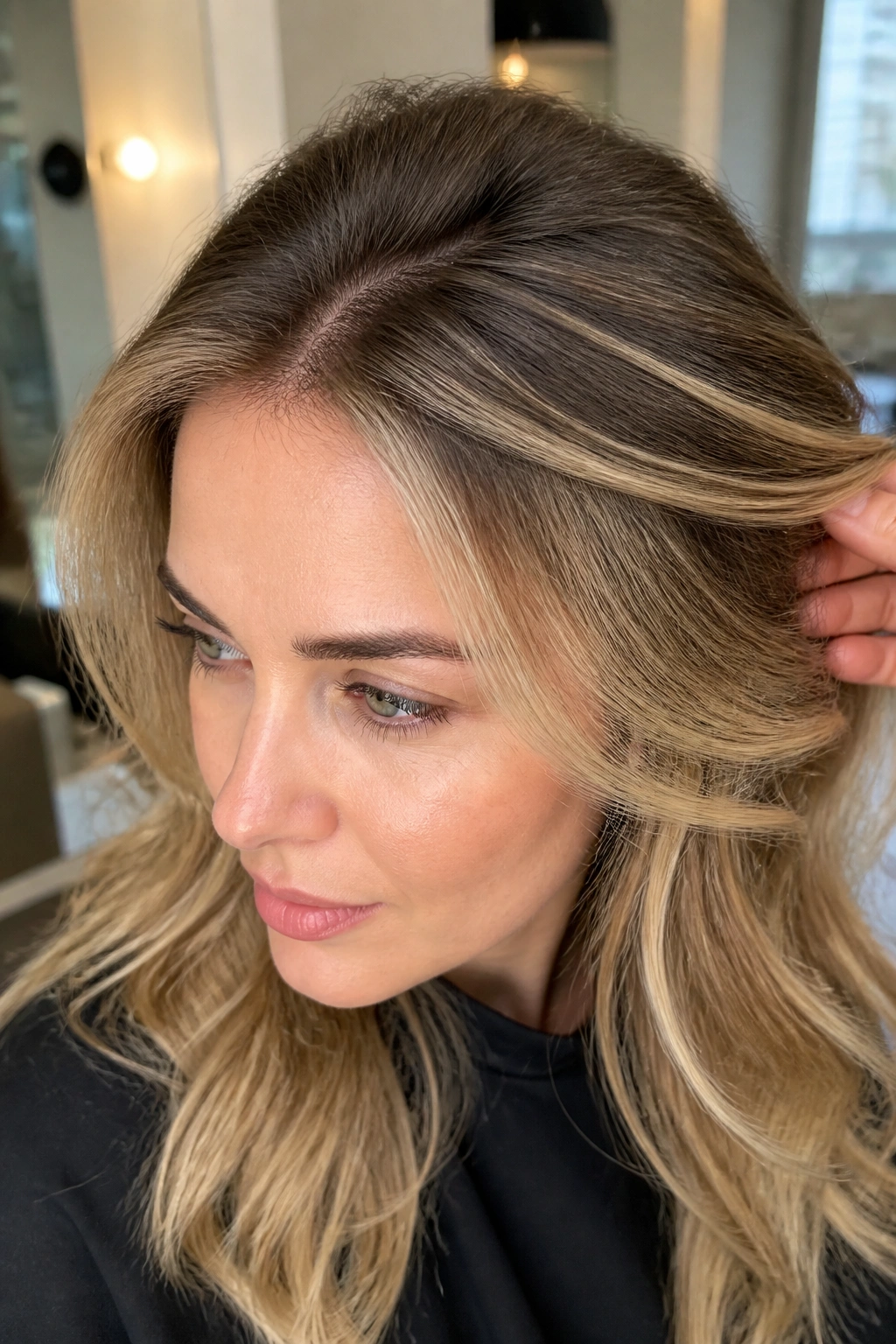 Close-up of a real woman with teased roots creating a hazy hairline transition