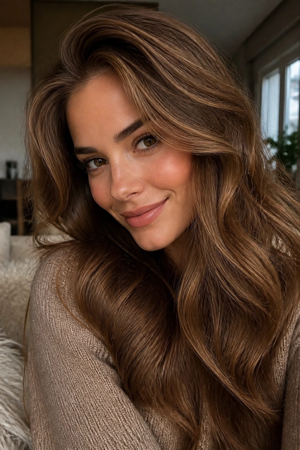 Close-up portrait of a person with teddy bear brown hair and warm glow