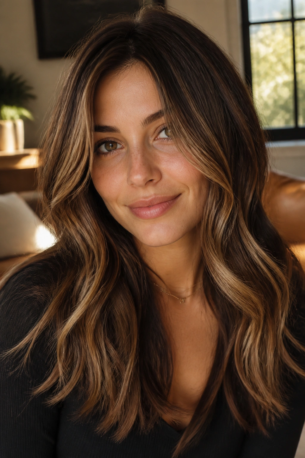 Close-up portrait of a real woman with teddy-brown hair featuring caramel ribbons in natural window light.