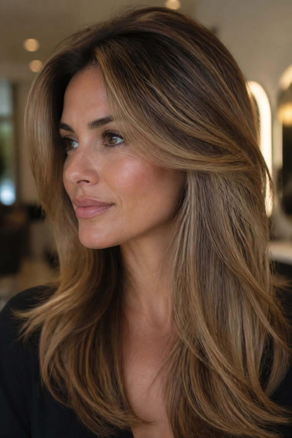 Close-up of a real woman with temple-start blowout frame