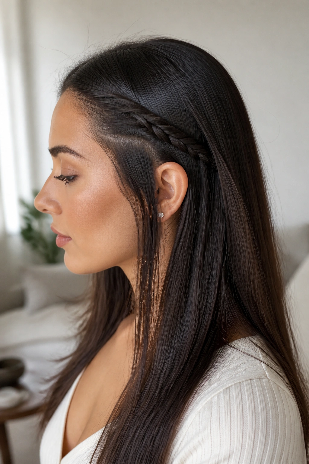Portrait of a woman with a temple braid accent tucked behind the ear.