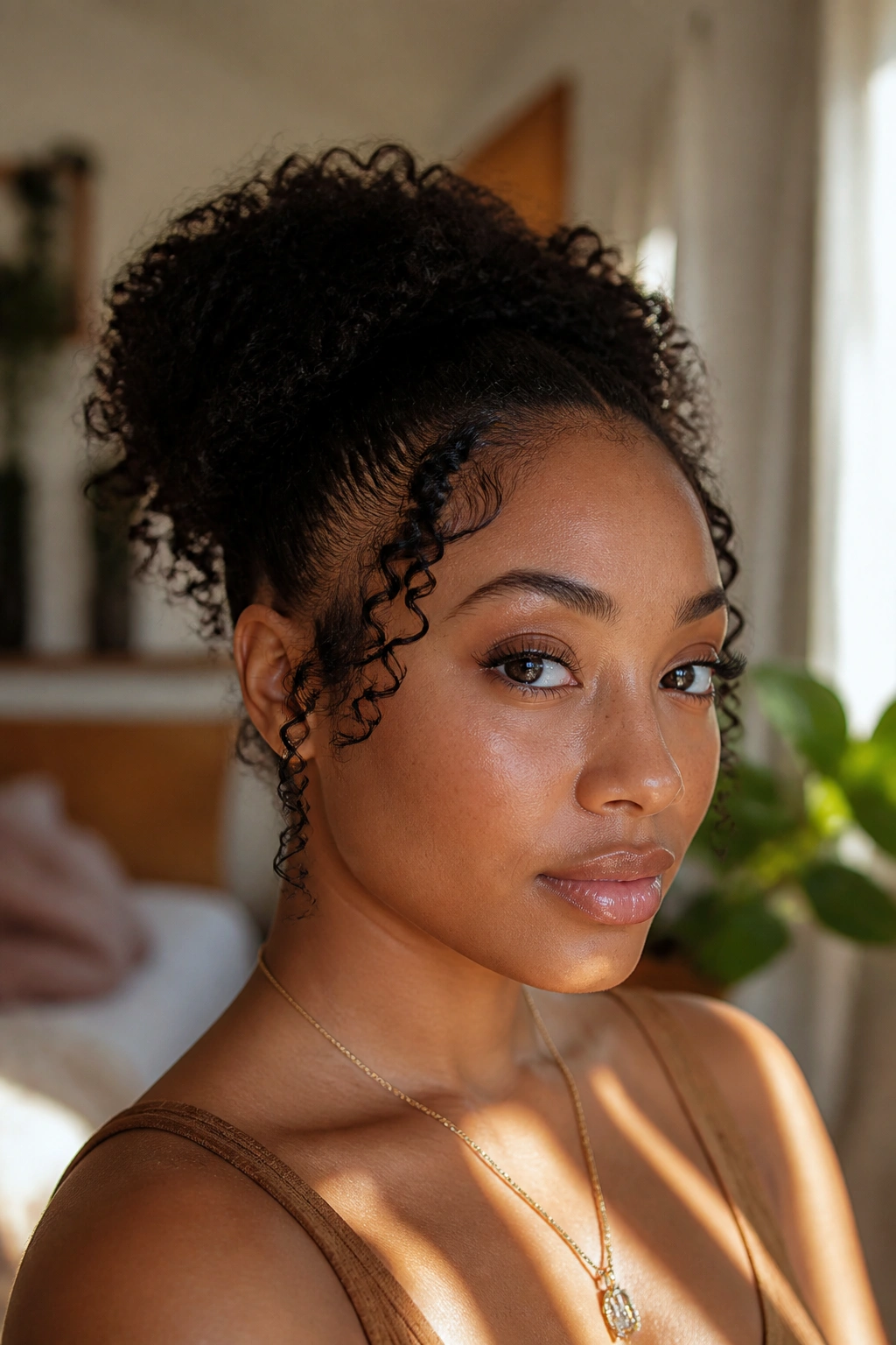 Close-up of curly temple tendrils framing a real woman's face in warm natural light