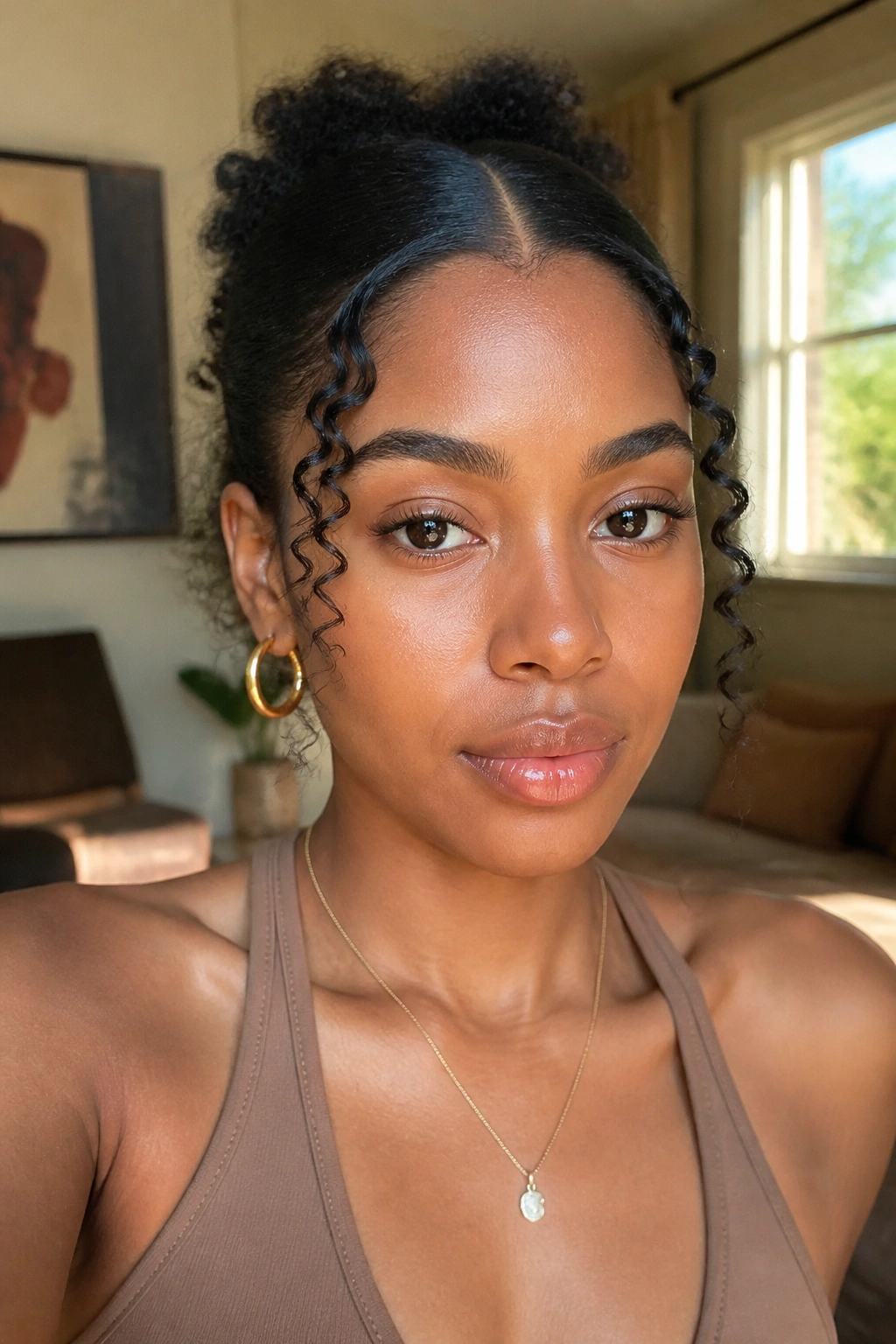 Temple curls framing a real person's face with a clean middle part