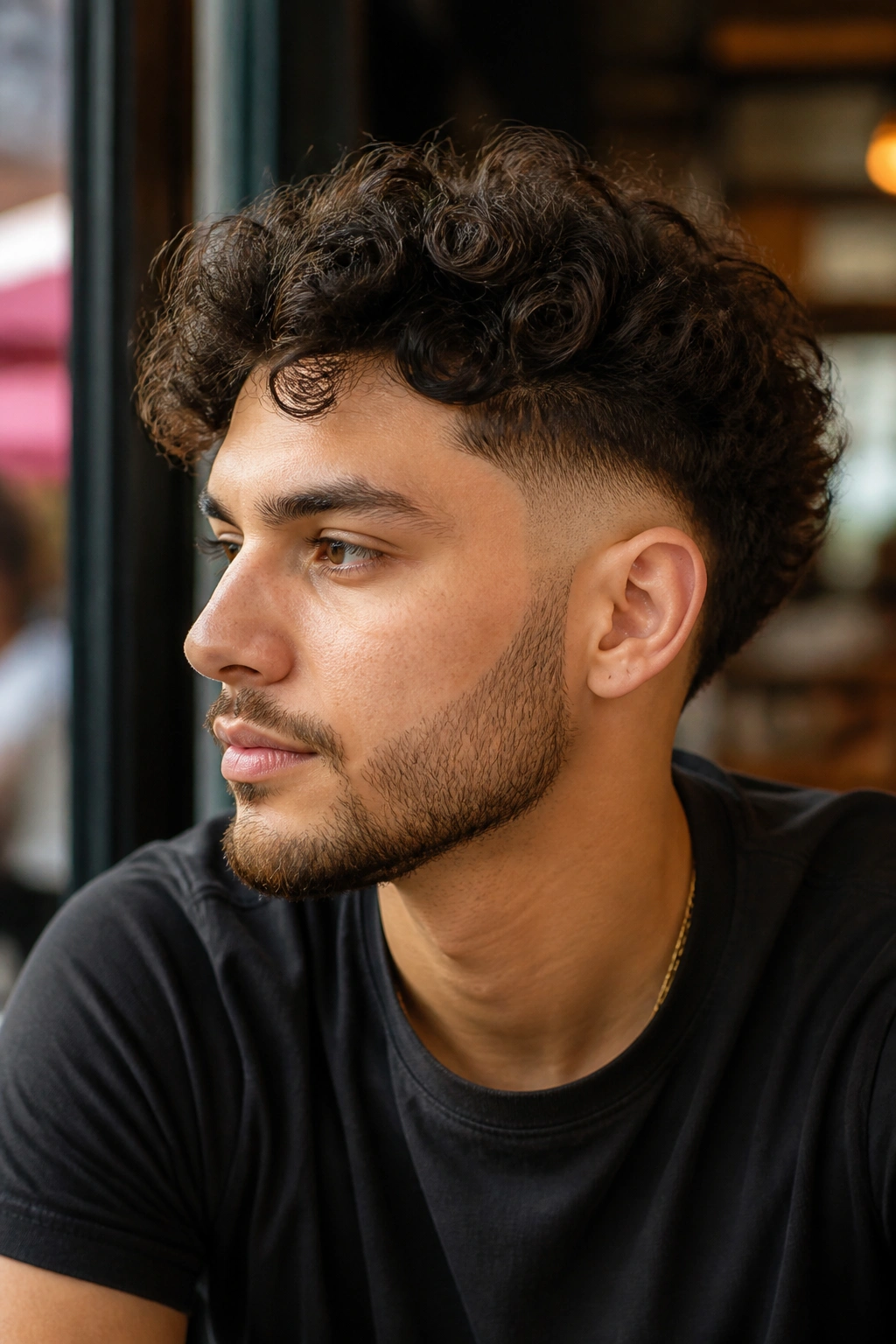 Close-up portrait of a man with temple fade and curly top in a warm cafe setting