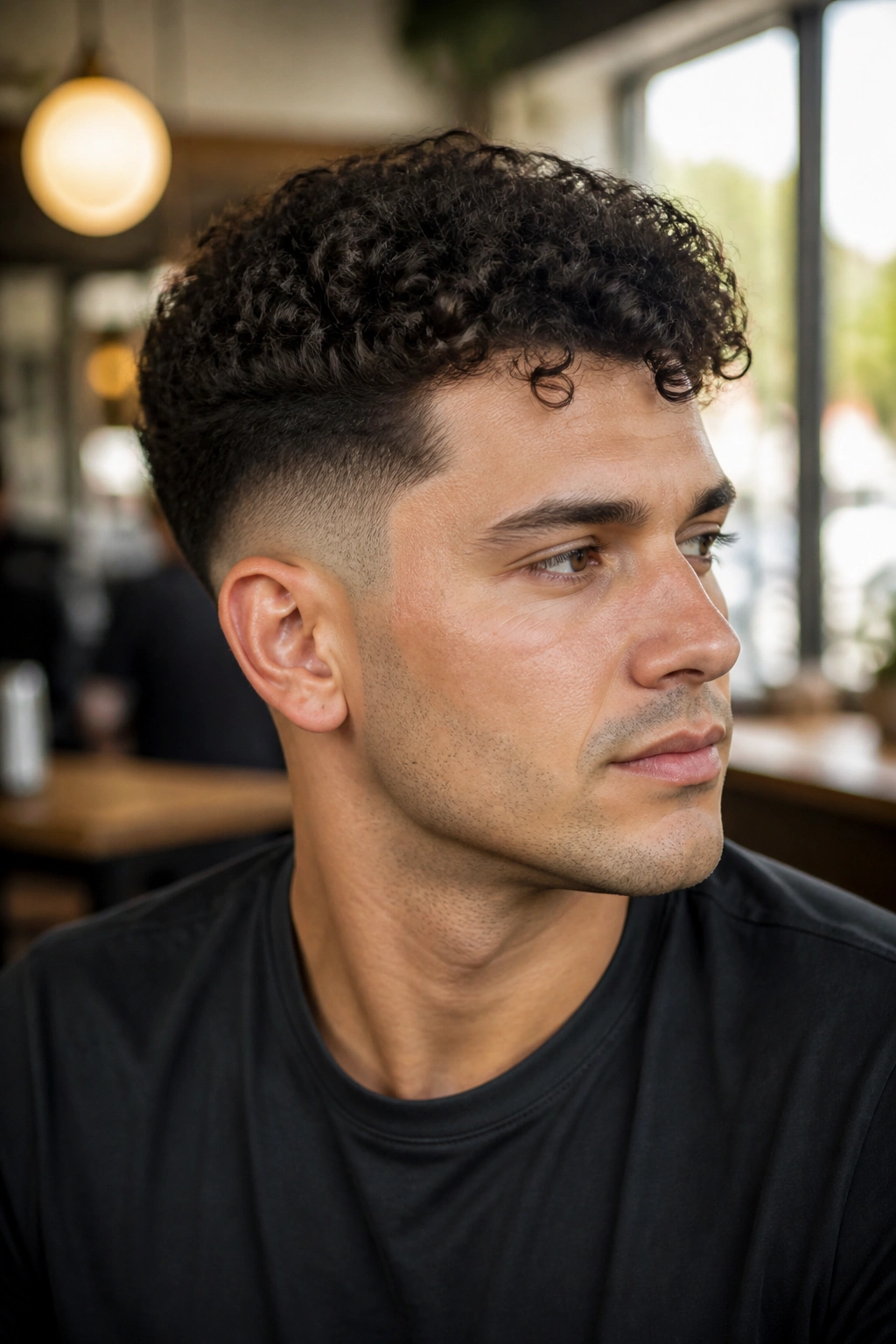 Close-up portrait of a man with temple fade and tight sides in natural light