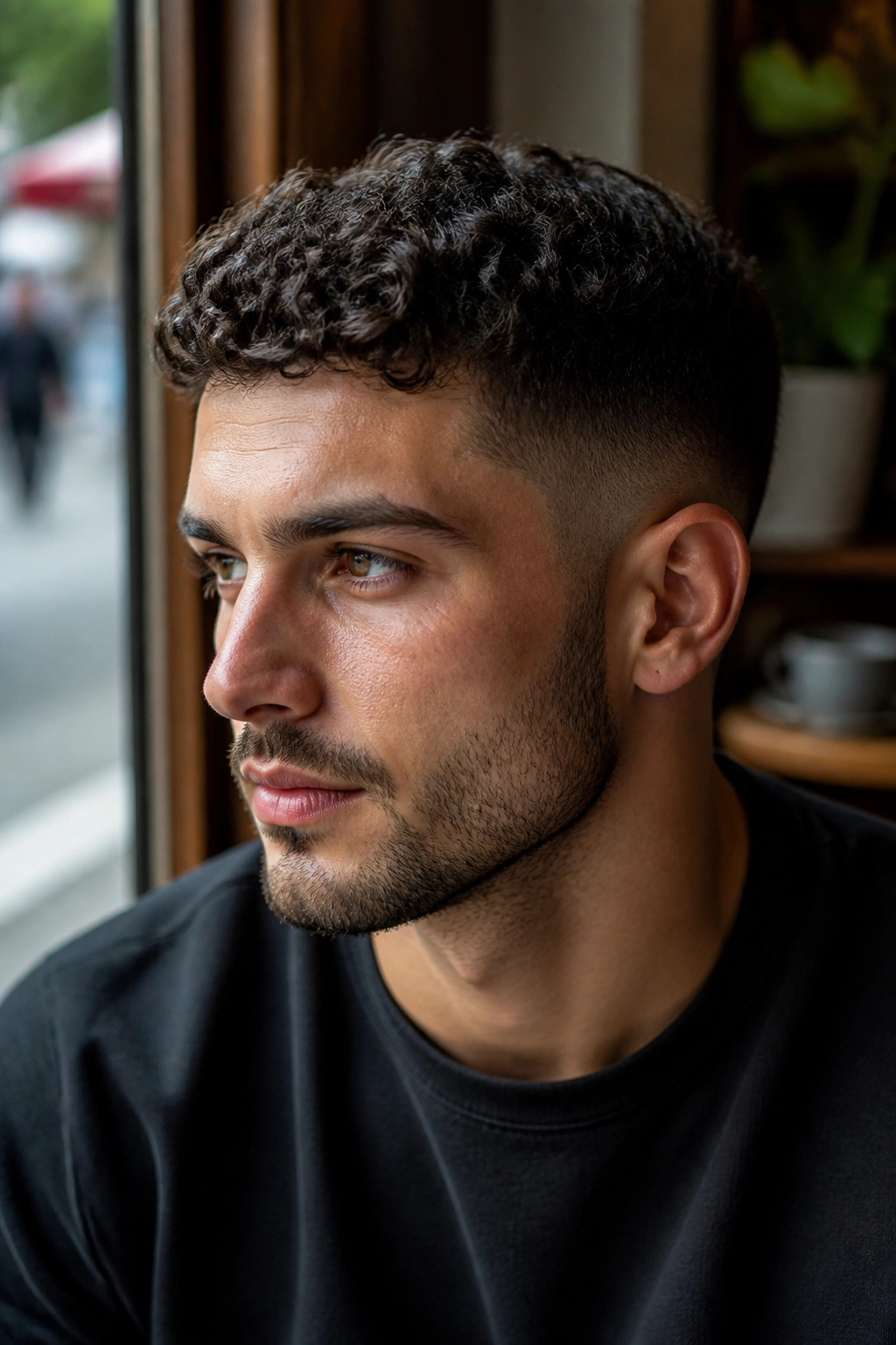 Man with temple fade and short curls in cafe setting