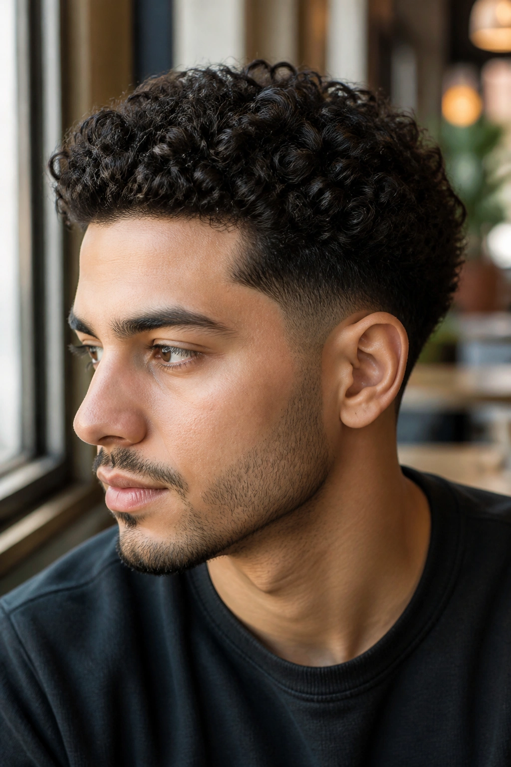 Close-up portrait of a man with temple taper curly fade hairstyle
