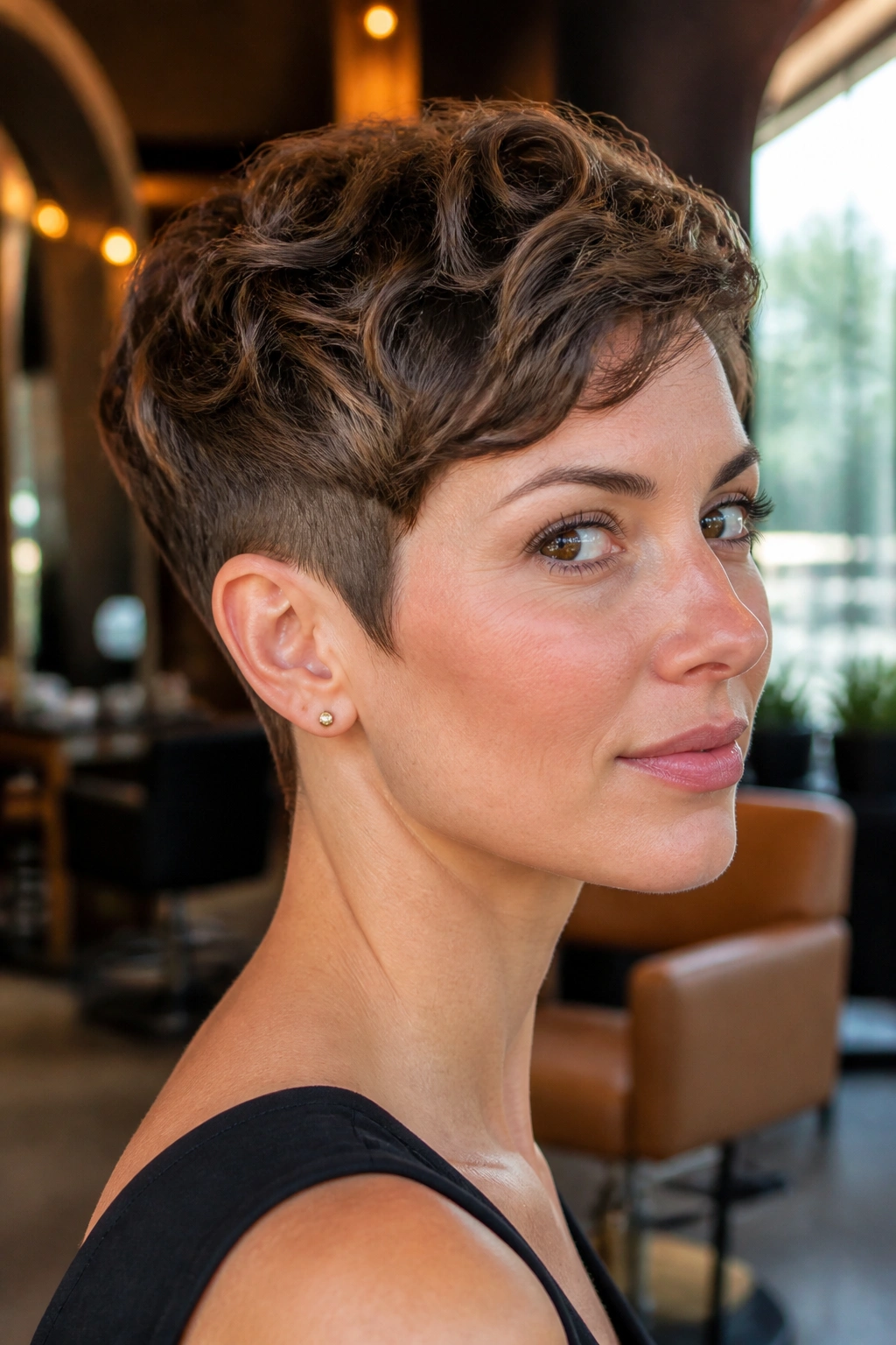 Close-up of real woman with temple-tapered pixie in a warm salon setting