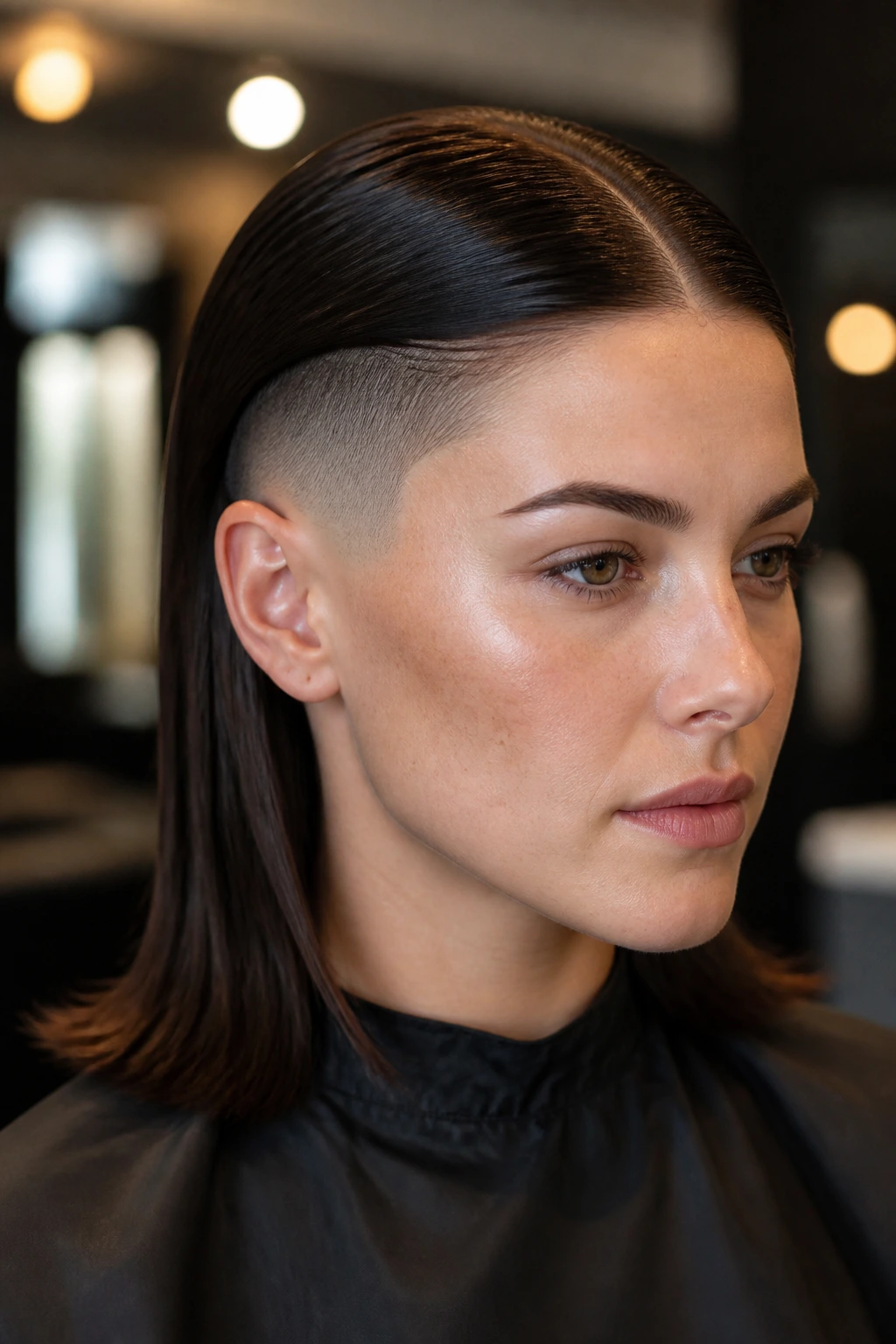 Close-up of a real person with temple undercut and center part in a modern salon
