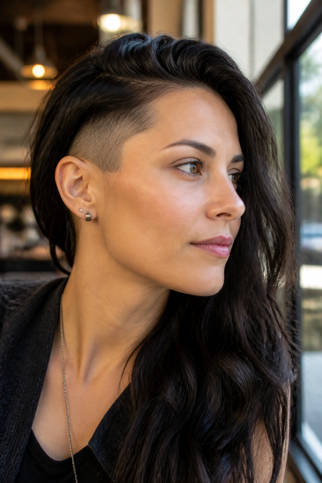 Portrait of a woman with temple undercut and flat sides