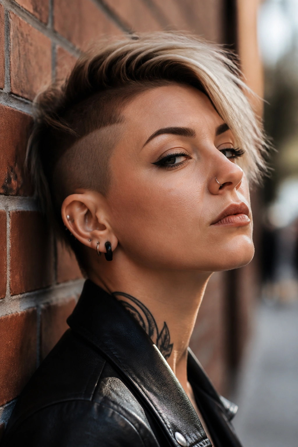 Temple-Undercut pixie close-up portrait with shaved temple edge in urban street setting