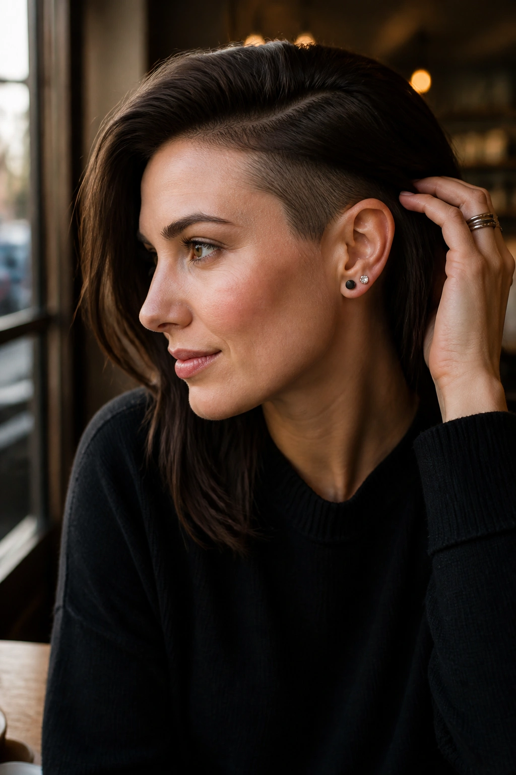 Real person with a temple undercut visible when hair is tucked behind the ear.