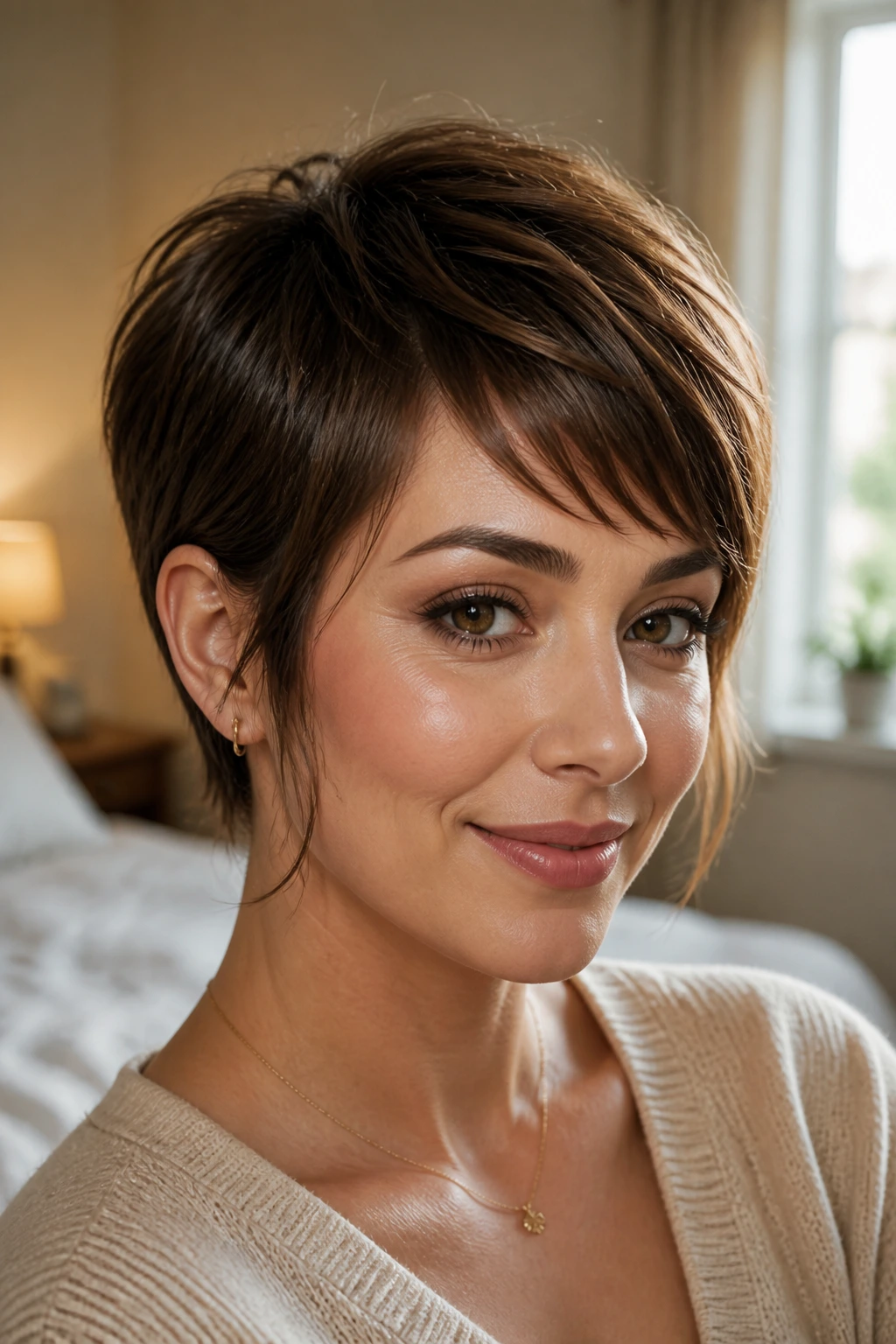 Close-up portrait of a real woman with temple wisps framing the face in warm window light