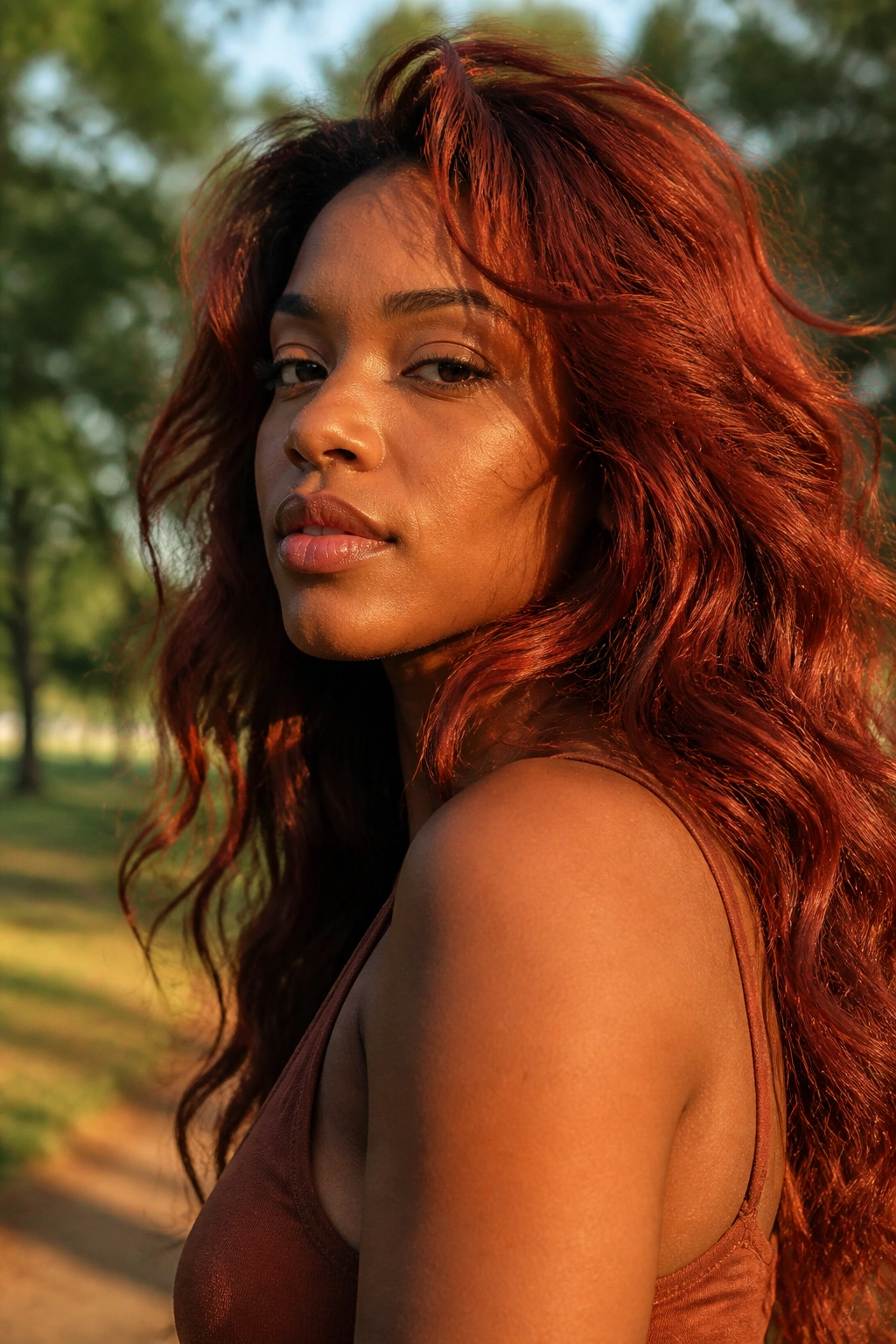 Close-up of textured Terracotta Red hair on a real person in a sunlit outdoor setting