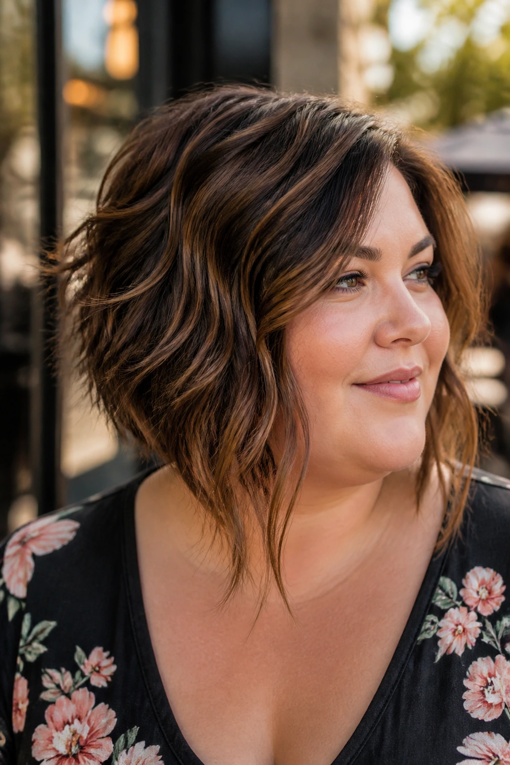 Portrait of a real woman with Textured Angled Bob for Natural Waves in natural outdoor light.