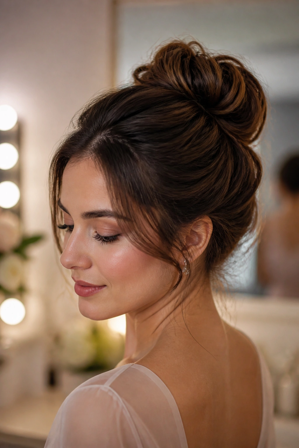 Close-up of a woman with a textured ballerina bun hairstyle.