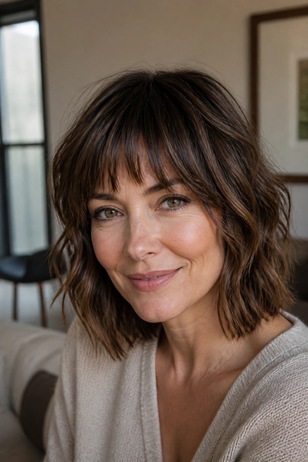 Close-up portrait of a woman with textured choppy bangs in warm window light