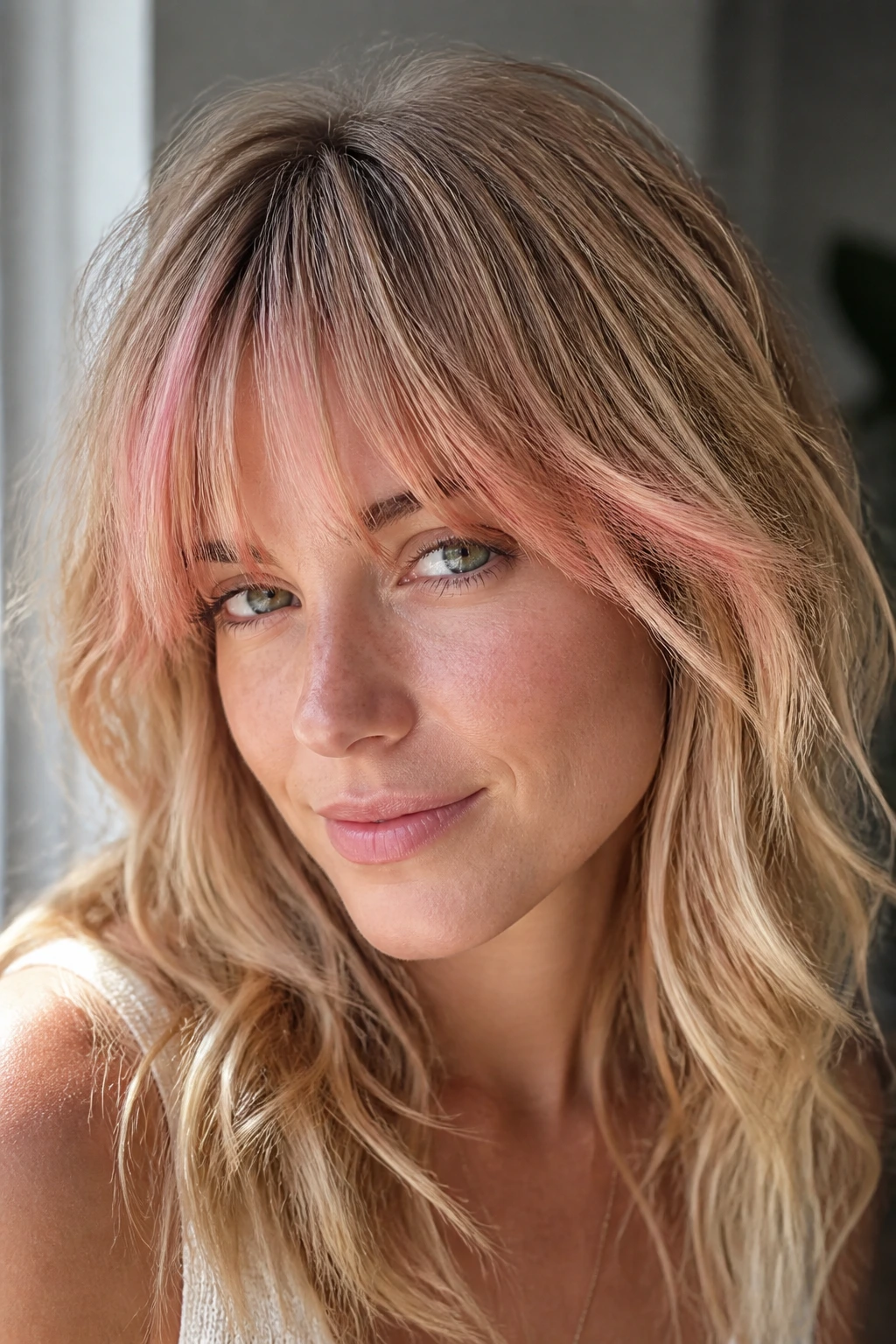 Real woman with textured bangs and rose gold tint under soft daylight
