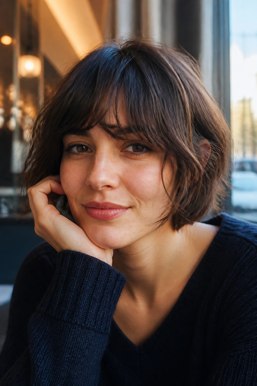 Close-up of real woman with textured French-girl bangs and short bob in bright cafe