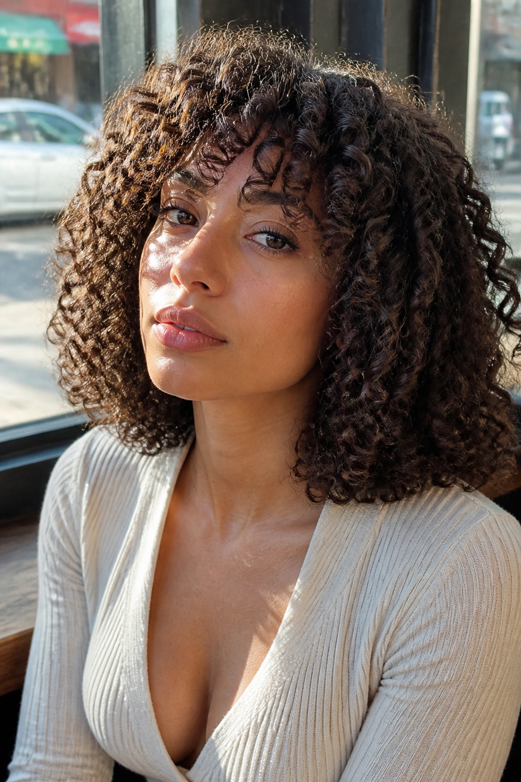 Dense curl hairstyle with textured blunt cut in a sunny cafe