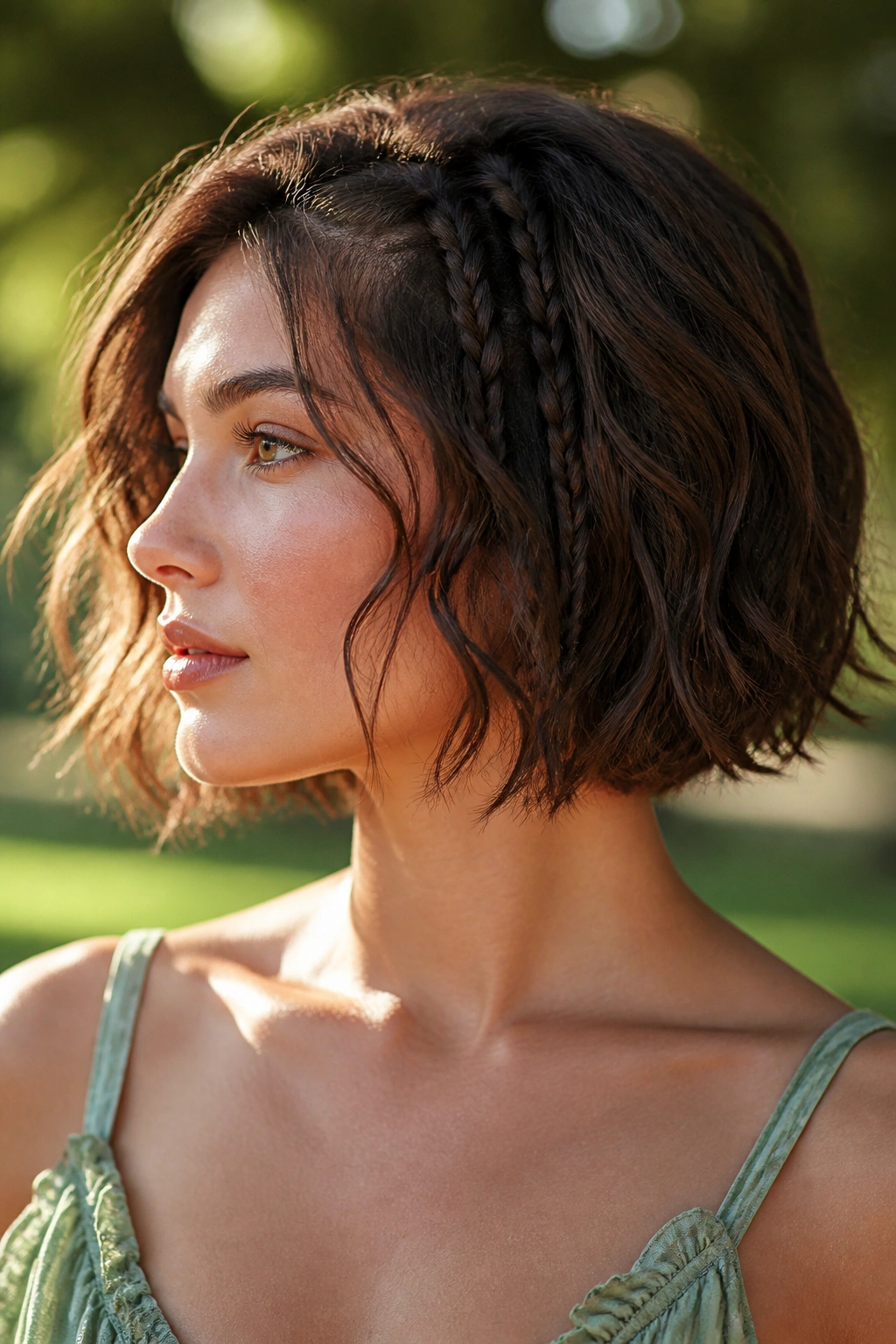 Tousled bob with tiny braids framing the face in natural light