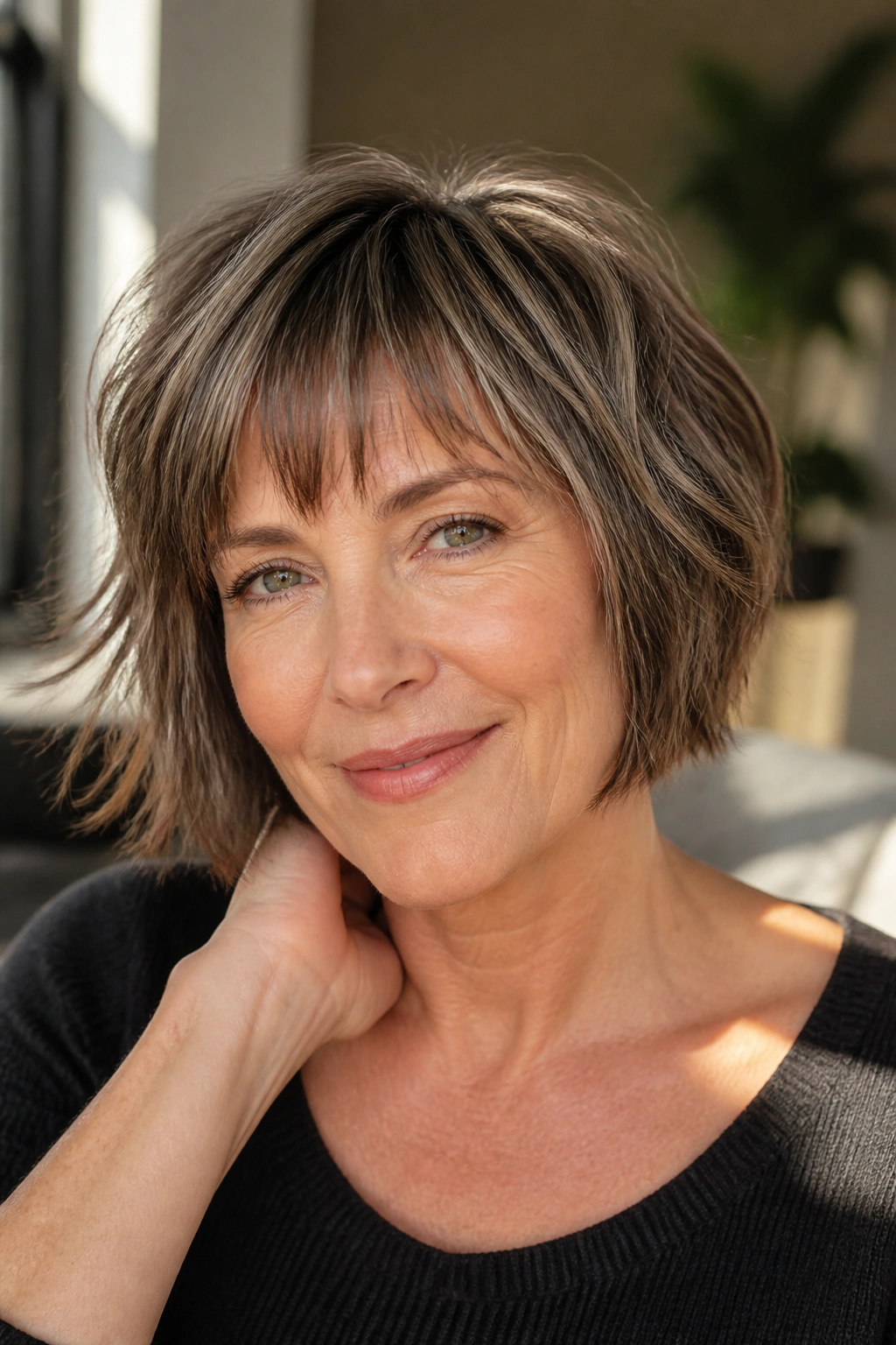 Real woman with textured chin-length bob and choppy bangs in a cozy living room
