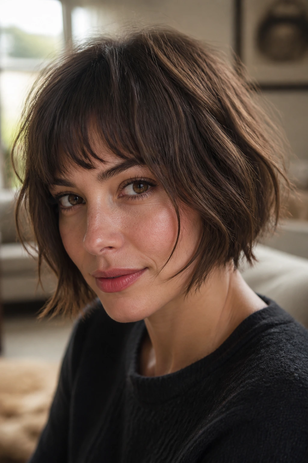 Close-up portrait of a real woman with textured chin-length bob and choppy bangs