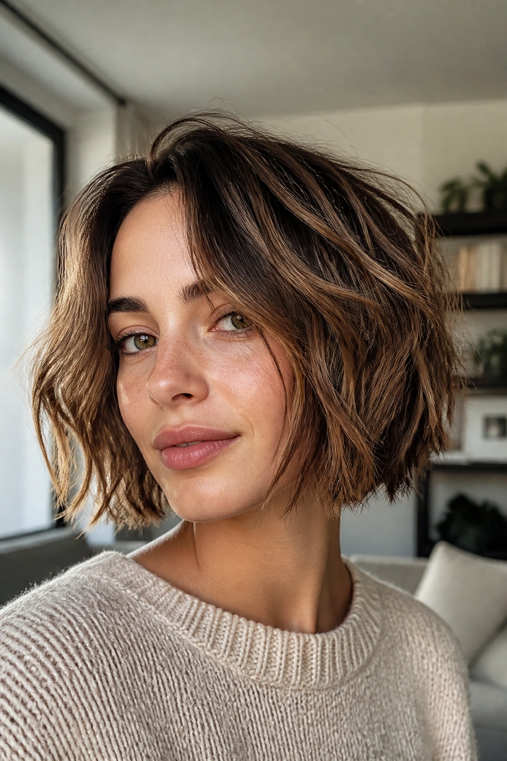Close-up of a real woman with a textured bob and piecey ends in window light.