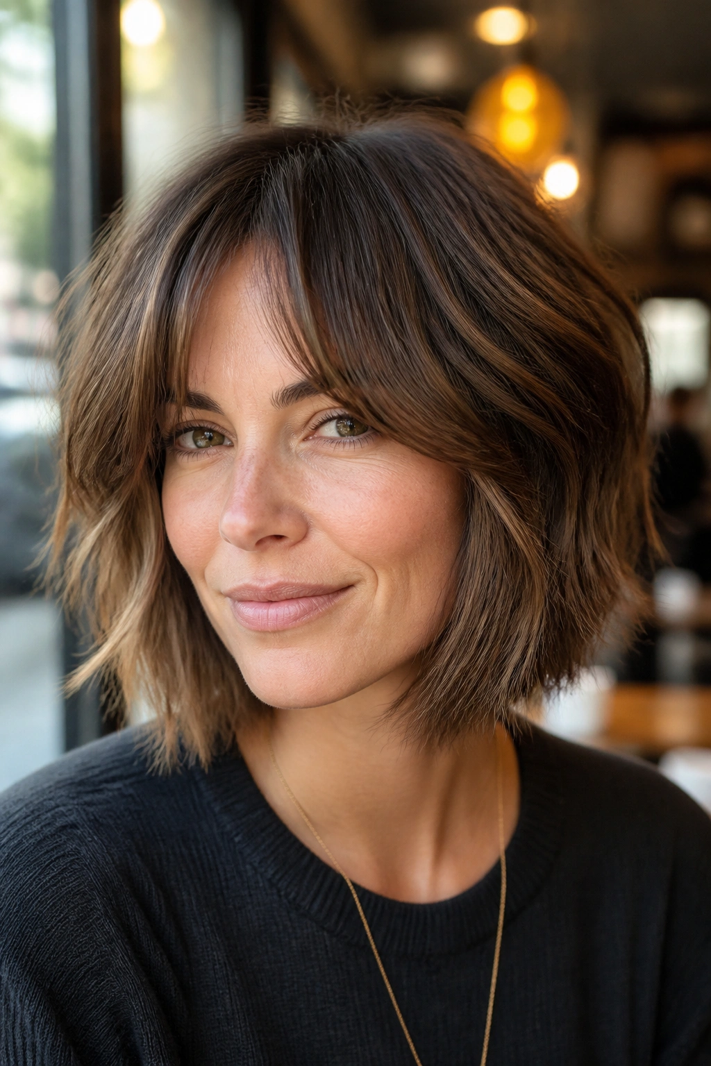 Portrait of a real woman with textured bob and curtain bangs, soft center-parted fringe.