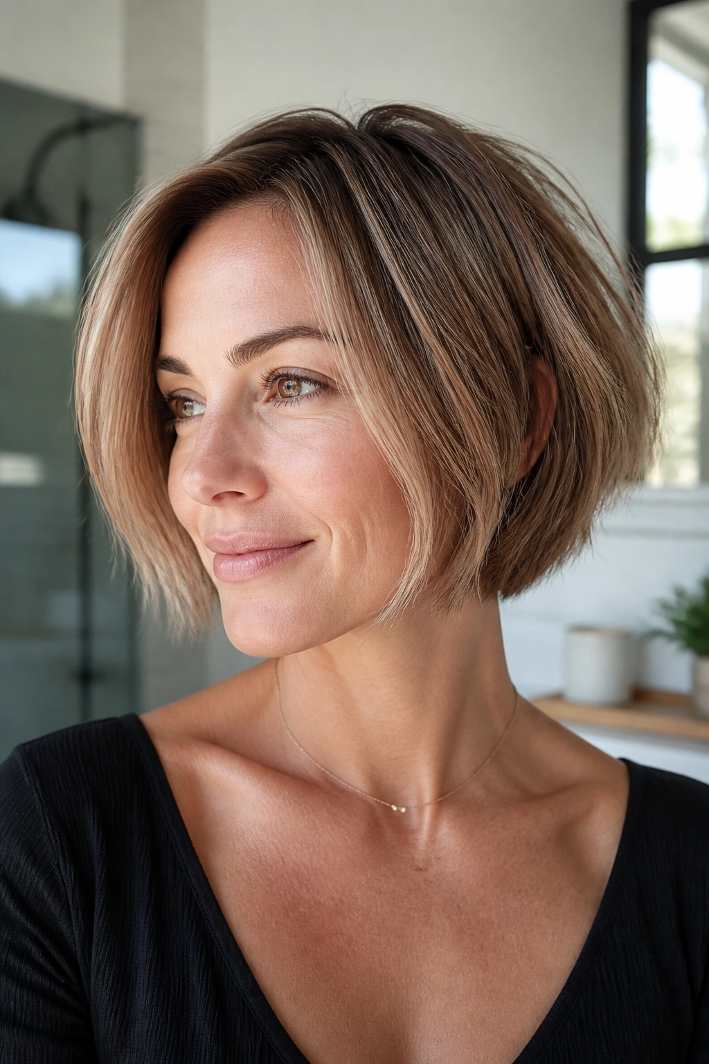Portrait of real woman with textured cheek-length bob for fine hair in natural light