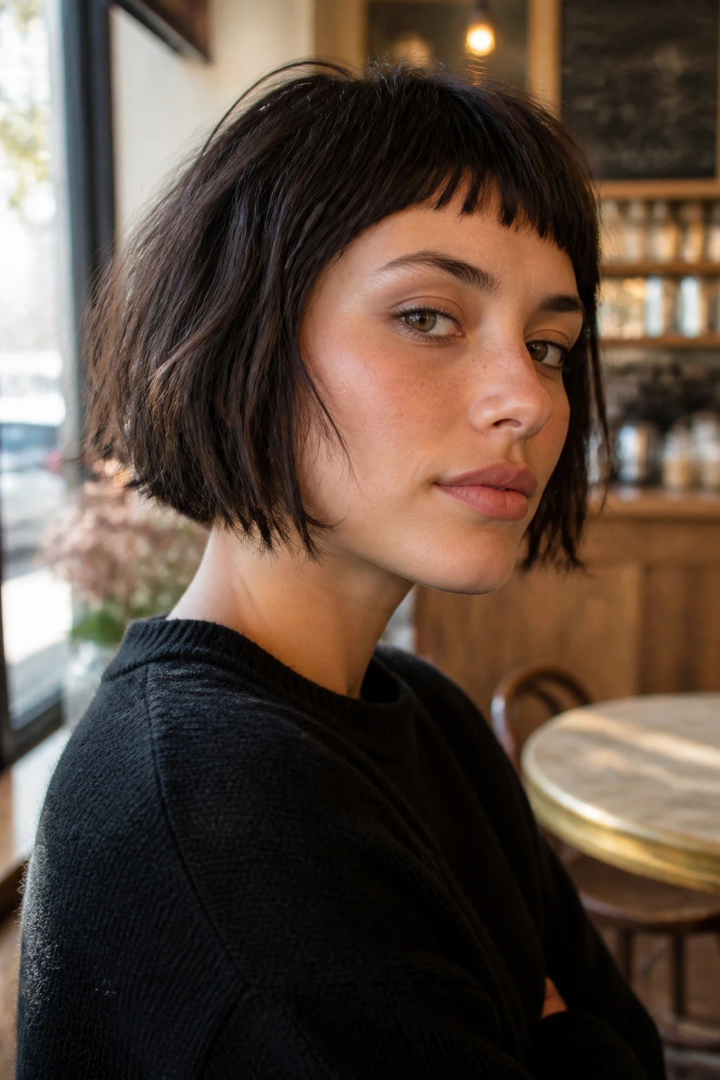 Close-up portrait of a real woman with a textured bob and micro fringe.
