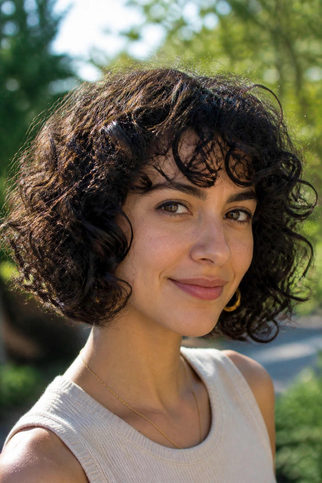 Textured curly bob on a real woman with defined curls.