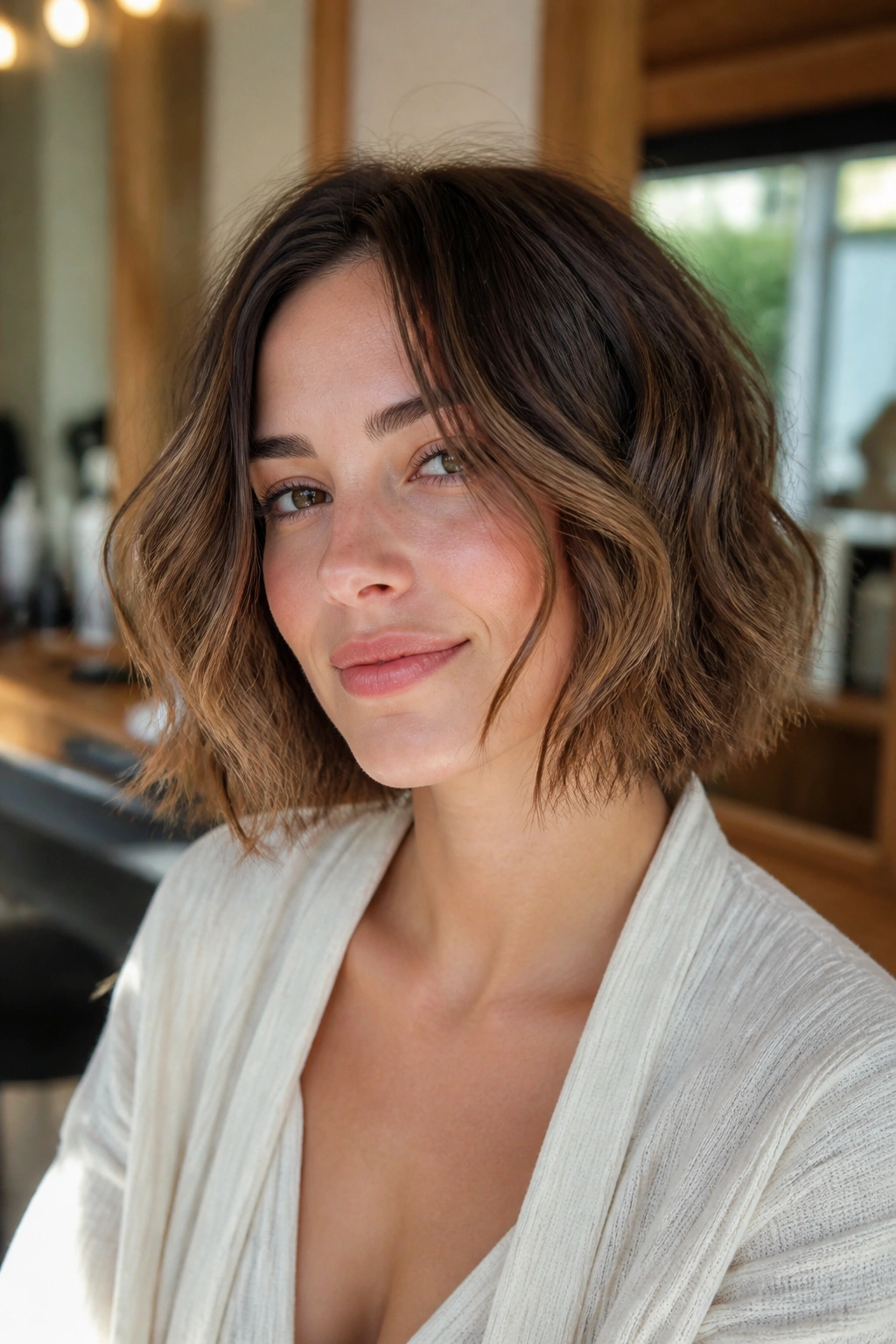 Close-up portrait of a real woman with textured bob and piecey bends in sunlit salon