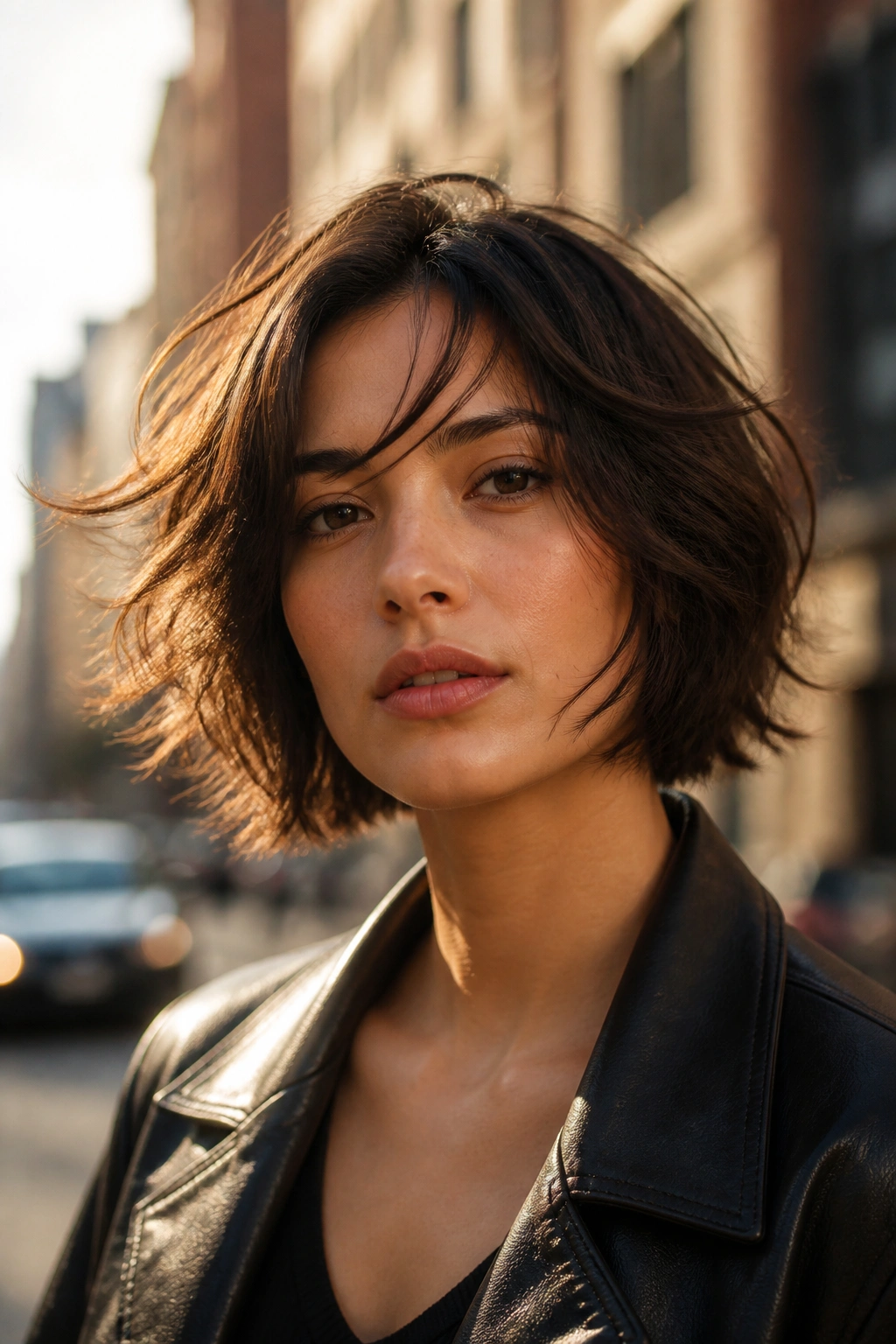 Close-up of a woman with a textured bob and piecey ends