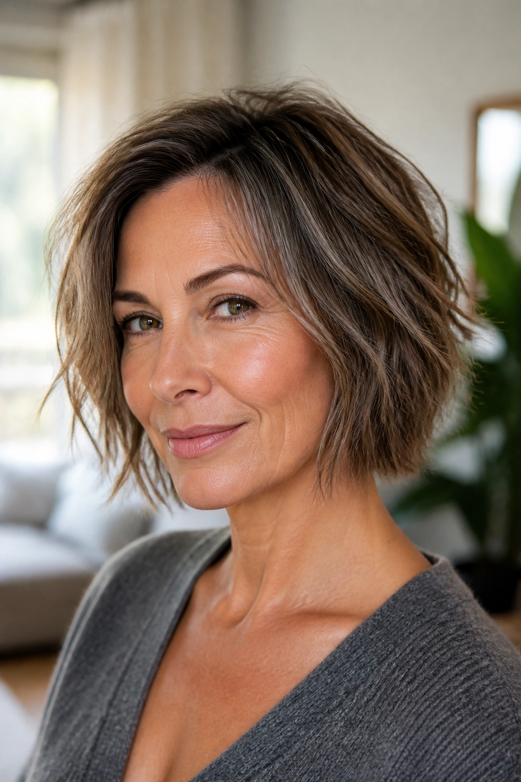 Close-up of real woman with a textured bob and piecey ends in sunlit living room