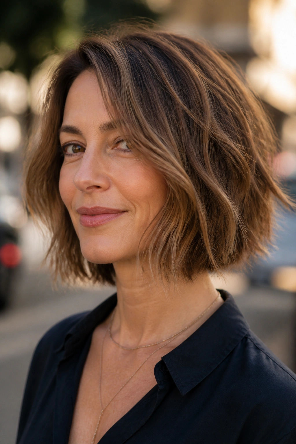 Real woman with textured bob and piecey ends, wind-sculpted look.