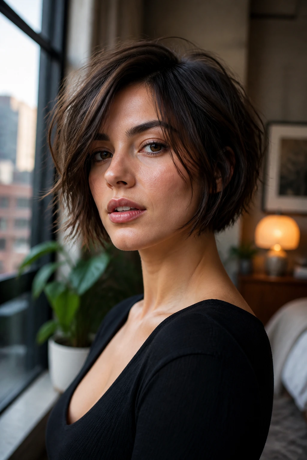 Close-up of real woman with textured bob in chic apartment setting.